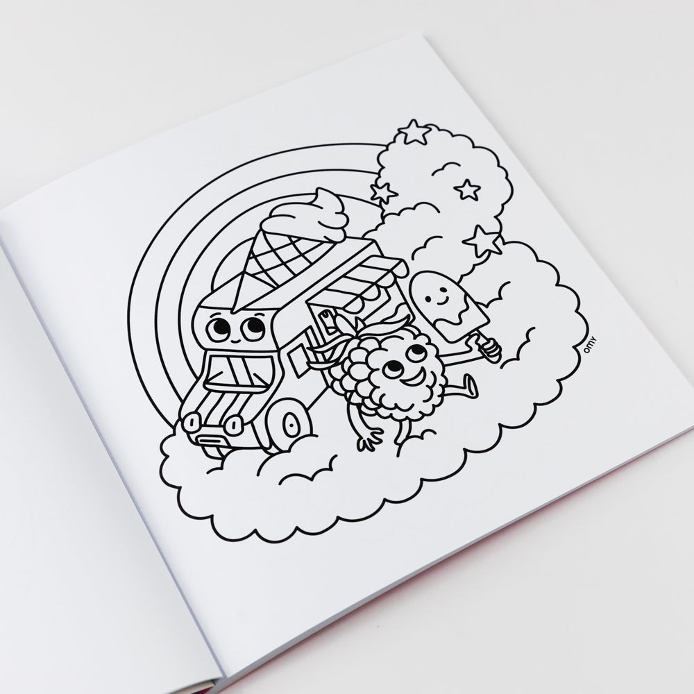 Coloring book page with a cartoon character and ice cream truck on a cloud.