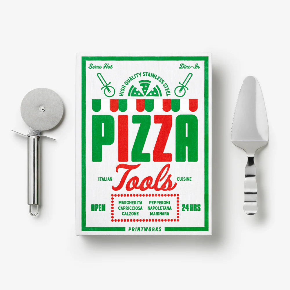 Pizza tools set with a box labeled 'Pizza Tools' on a white background