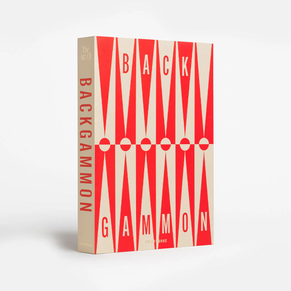 Backgammon game box with red and beige design on a white background