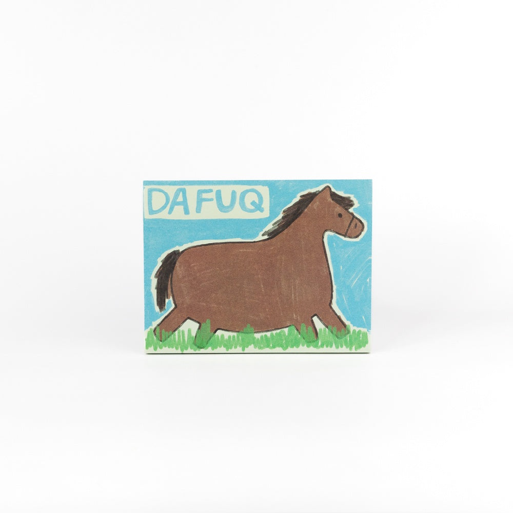A square art print or card featuring a hand-painted brown horse on a light blue background with green grass and the text 'DA FUQ' in light blue at the top, displayed on a clean white background.