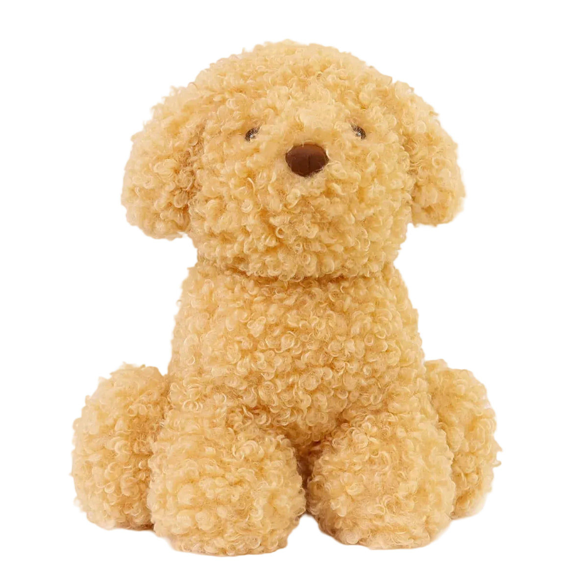 A plush puppy toy with curly golden-brown faux fur, sitting against a solid white background.