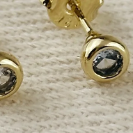 Gold earrings with black gemstones on a light background
