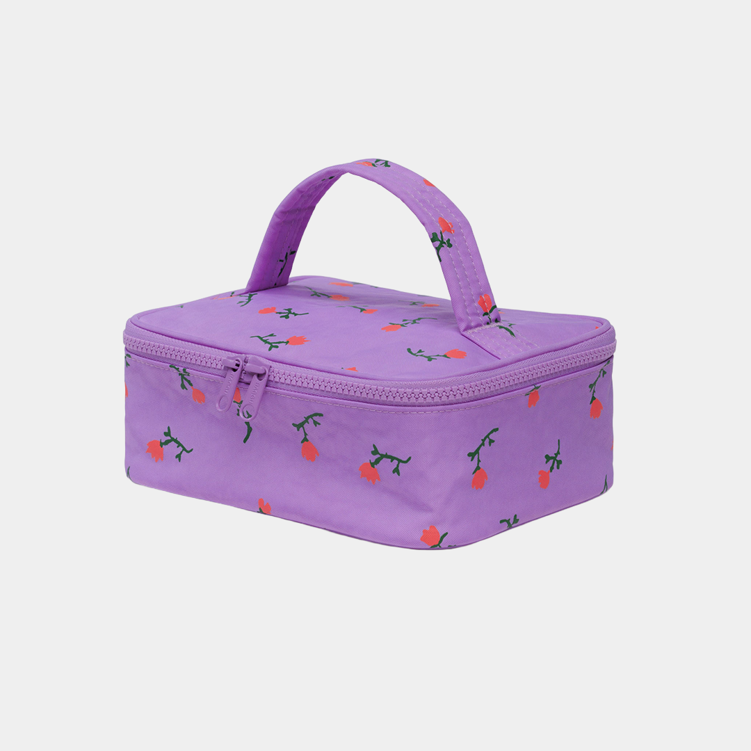 Purple case with floral pattern on a light gray background
