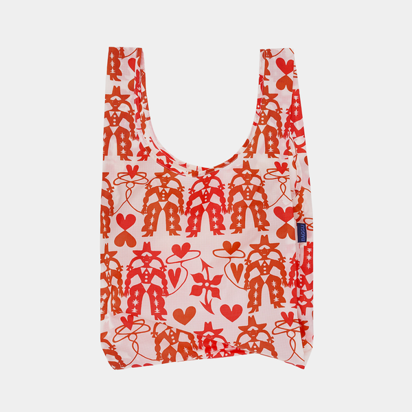 Reusable bag with red pattern on a white background