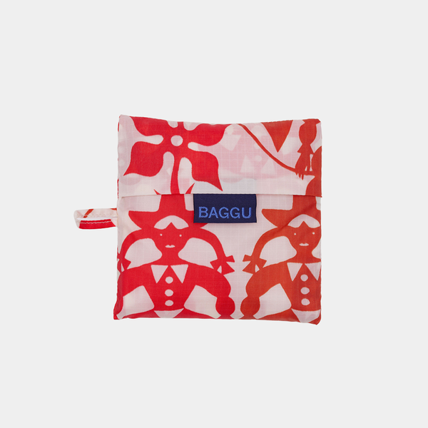 Red and white patterned reusable bag with 'BAGGU' logo on a light gray background