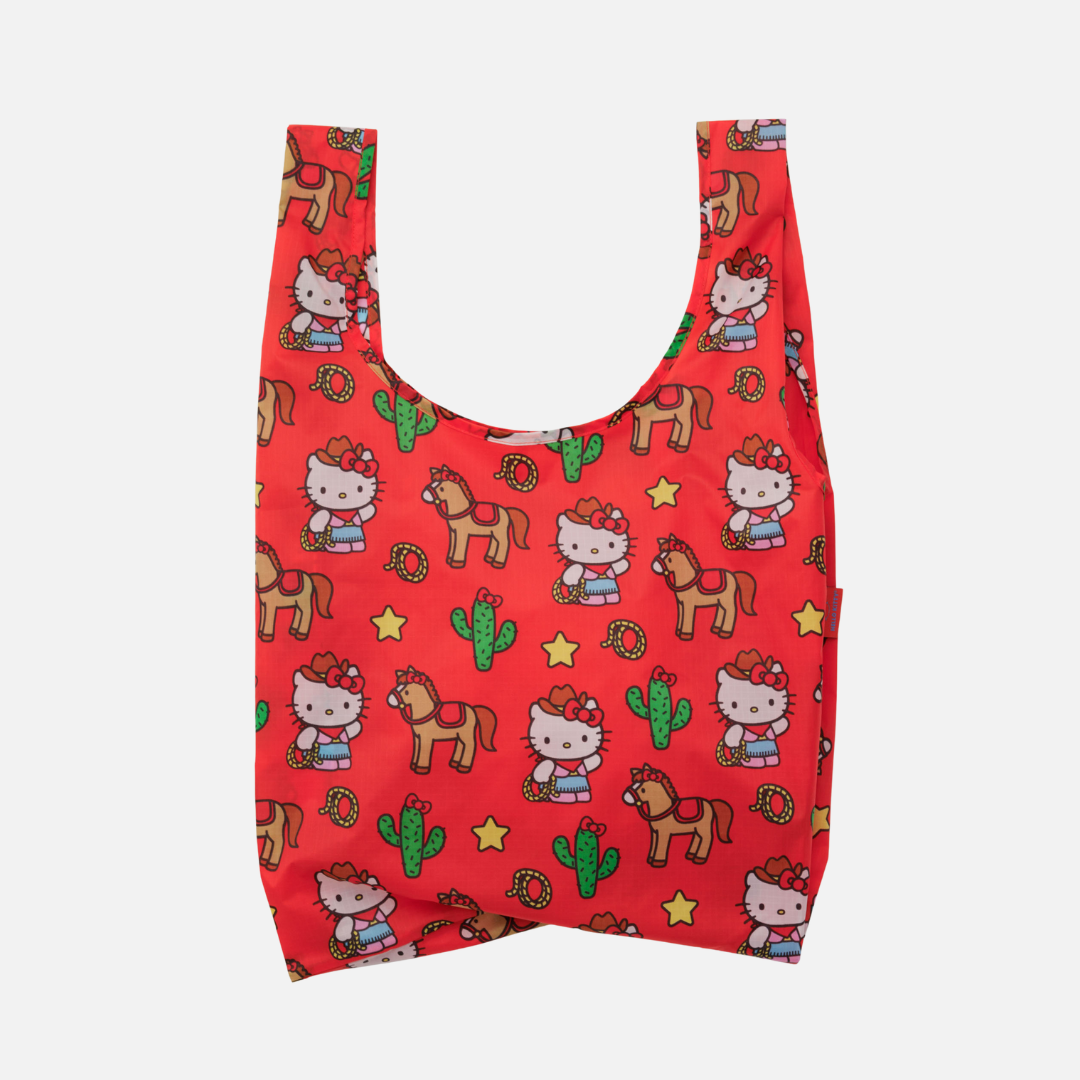 Red reusable bag with Hello Kitty and horse pattern on a white background