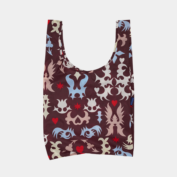 Reusable bag with a colorful pattern on a white background