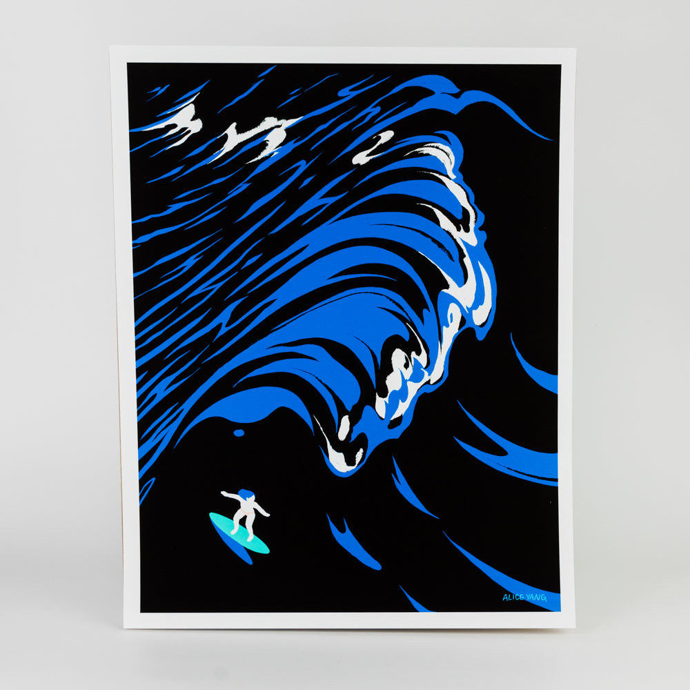 Artwork of a surfer riding a large blue and black wave.