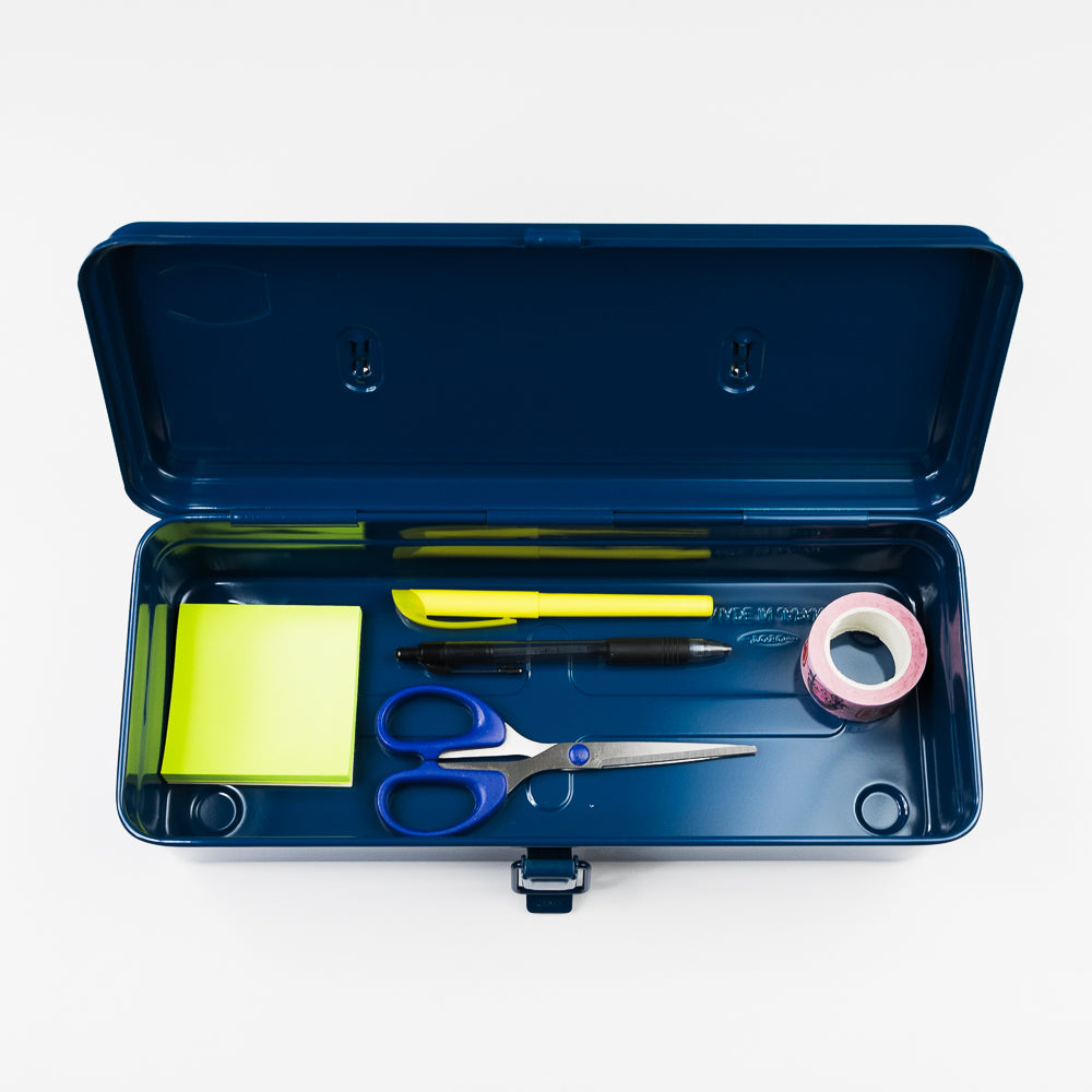 Open blue toolbox containing stationery items on a white background