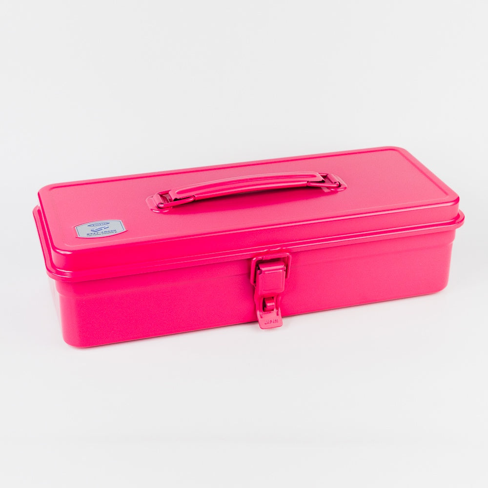 Pink metal toolbox on a white background