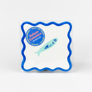 Pack of Vellum Coasters with blue border and fish illustration on a white background