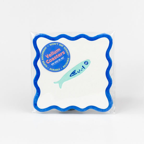 Pack of Vellum Coasters with blue border and fish illustration on a white background