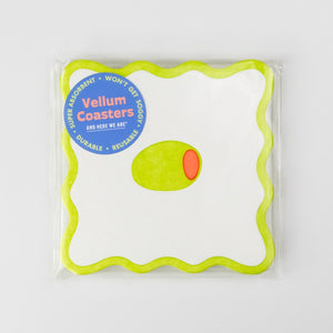 Pack of vellum coasters with a stuffed olive design on a white background