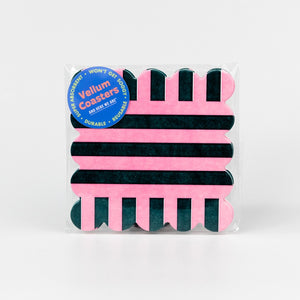 Pack of pink and dark green striped coasters with a Vellum Coasters label on a white background
