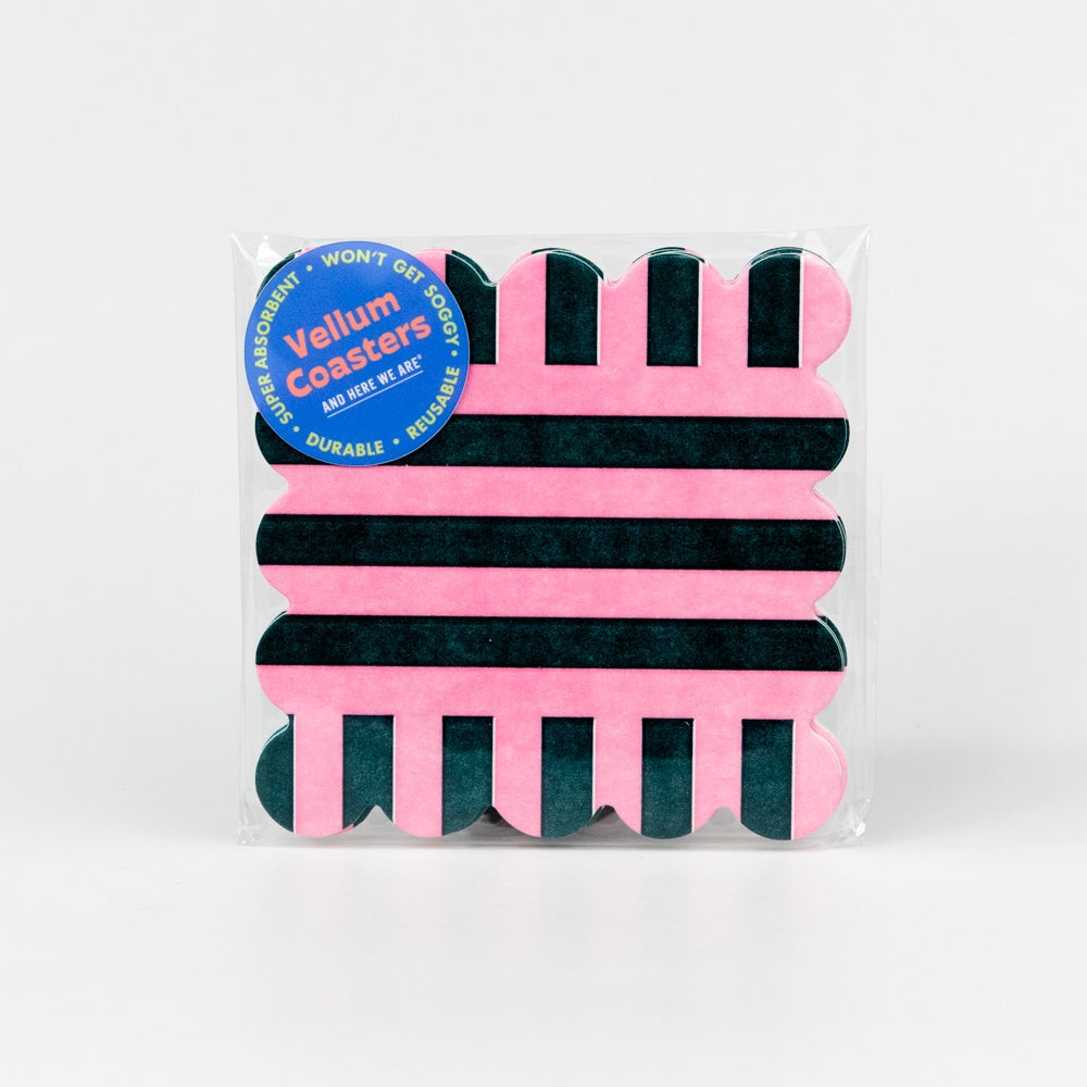 Pack of pink and dark green striped coasters with a Vellum Coasters label on a white background