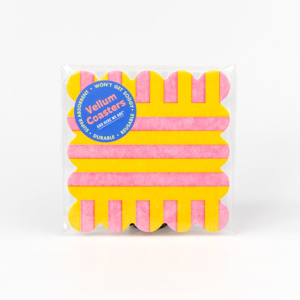Pack of pink and yellow coasters with a visible brand label on a white background