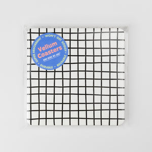 Grid-patterned coaster with Vellum Coasters branding on a white background