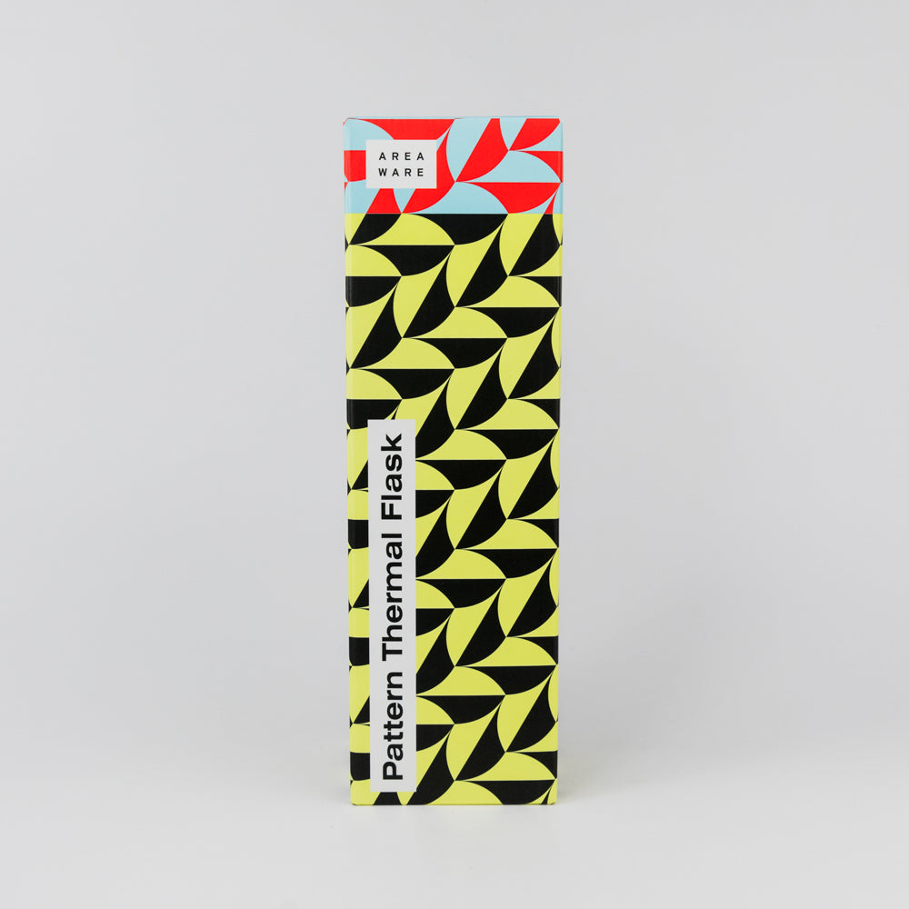 Patterned thermal flask packaging with geometric design on a gray background