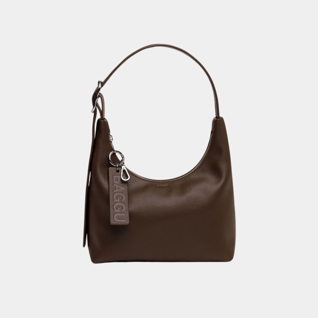Brown handbag with a visible brand logo on a light gray background