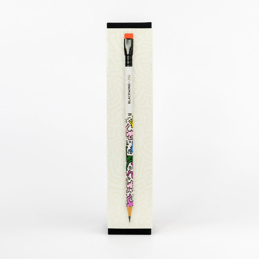 Pencil with colorful designs on a white background