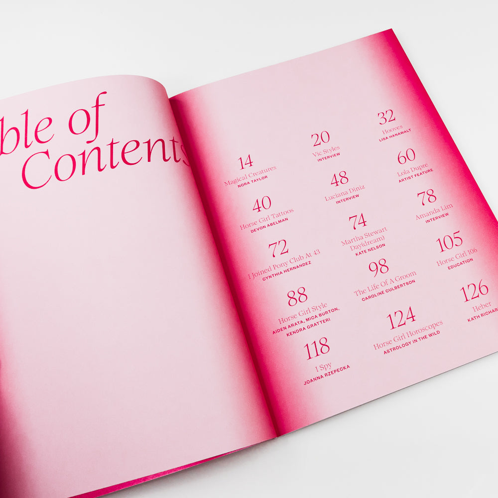 Magazine cover of 'calling all Horse Girls' zine featuring pink apples on a white background