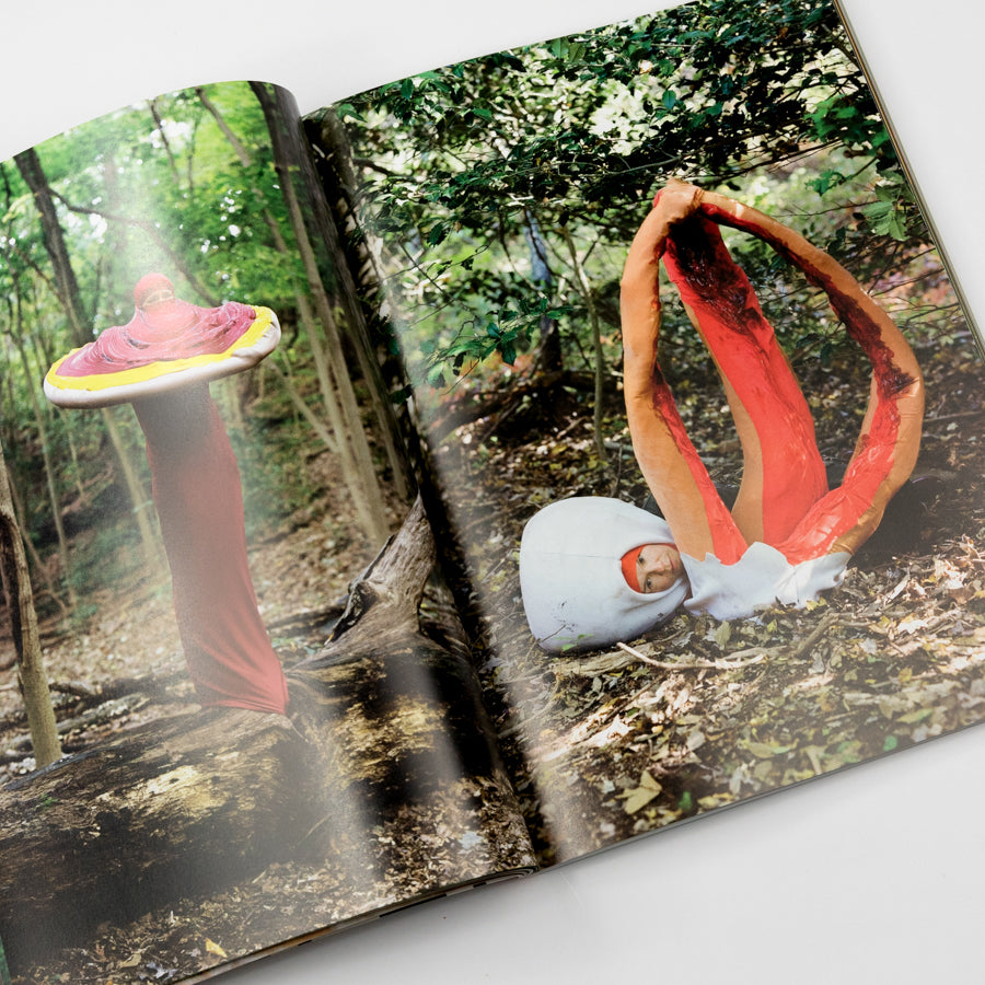 Open book showing two images of mushrooms in a forest setting