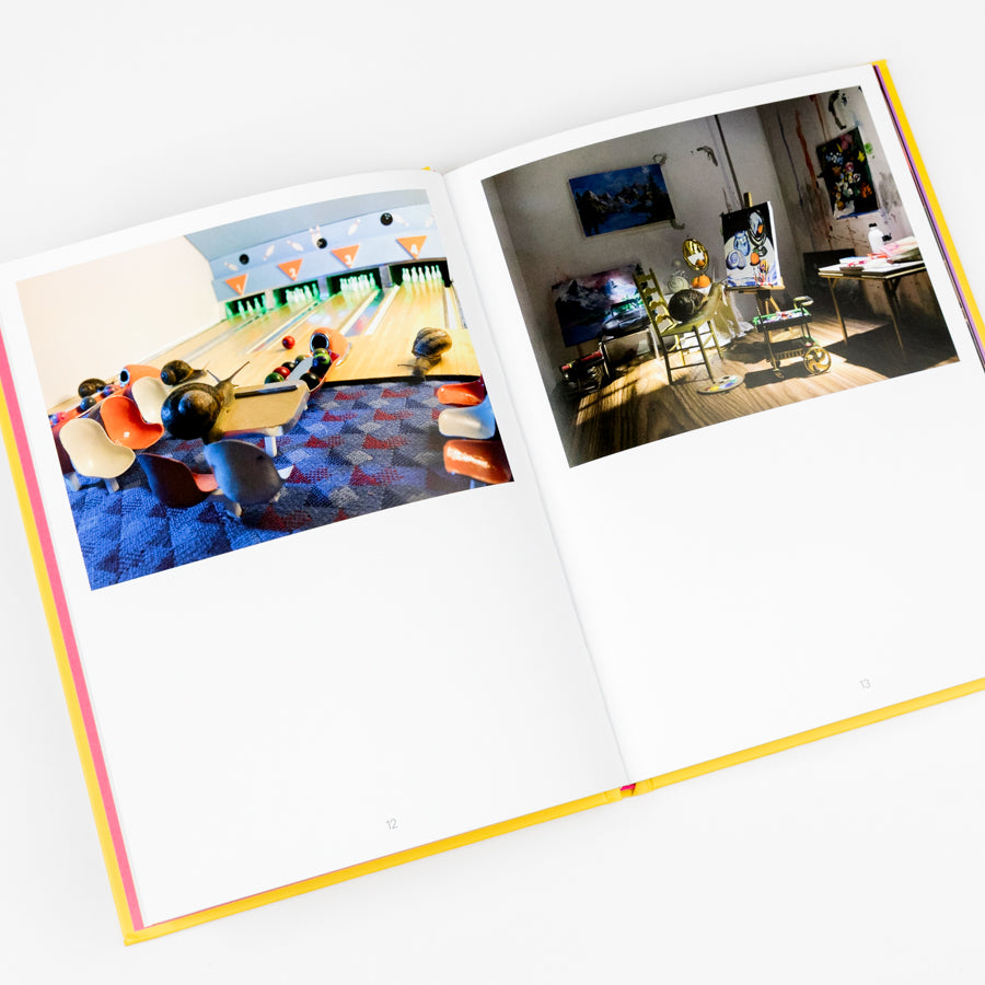 Two Polaroid-style photos of a room with colorful decor.