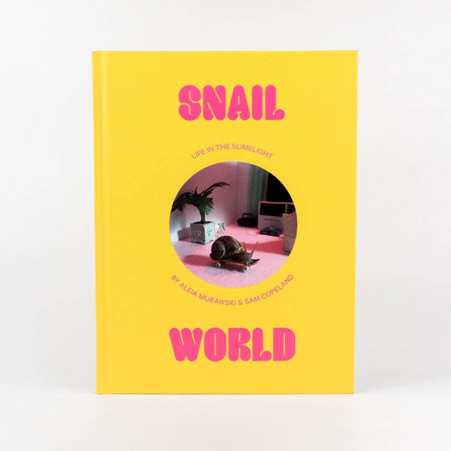 Book cover with yellow background, pink text, and a circular inset showing a snail on a pink blanket.