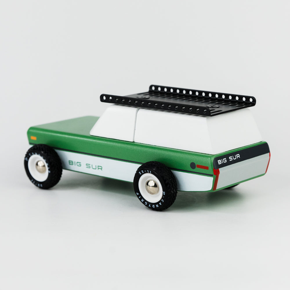 Model of a green and white vehicle with 'Big Sur' branding on a light gray background