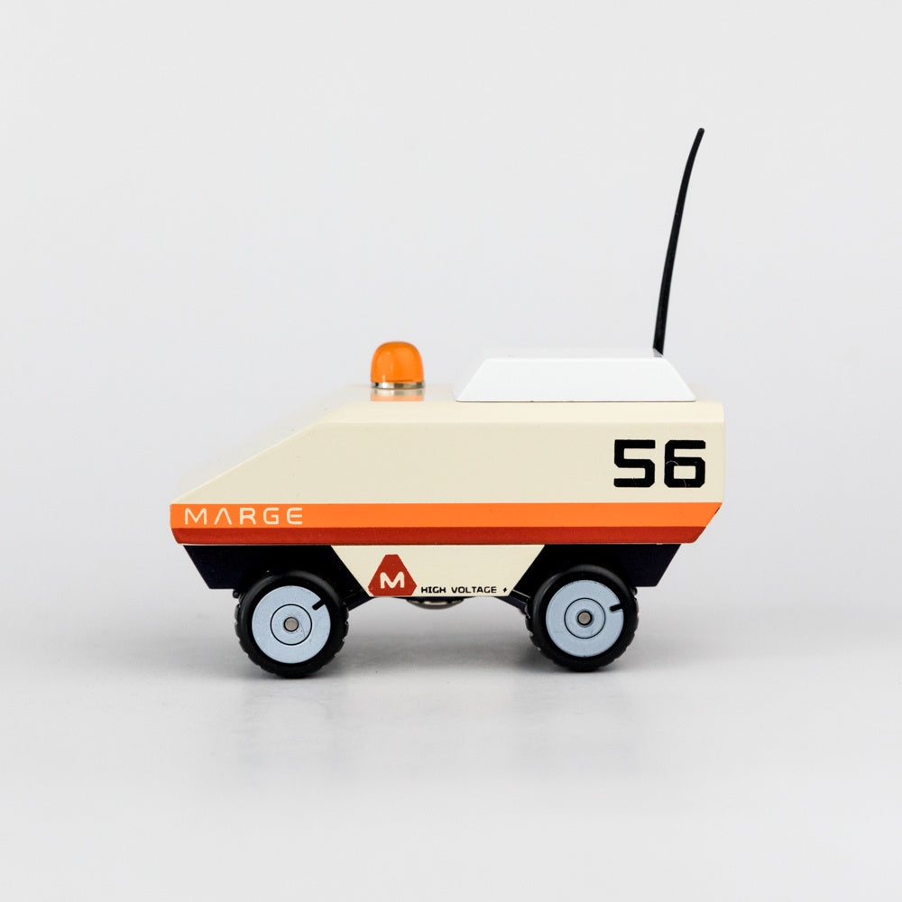 Toy rover carwith 'Marge' branding on a light gray background