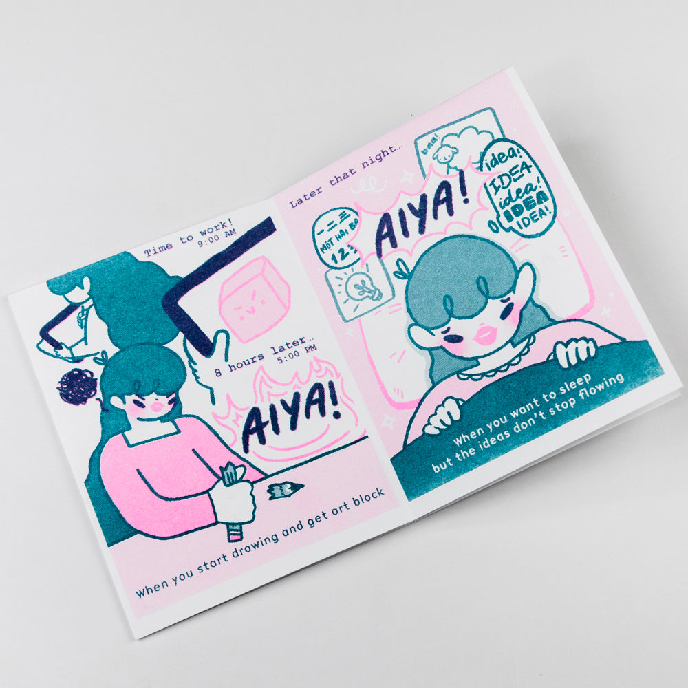 Notebook with cartoon character and text on a white background
