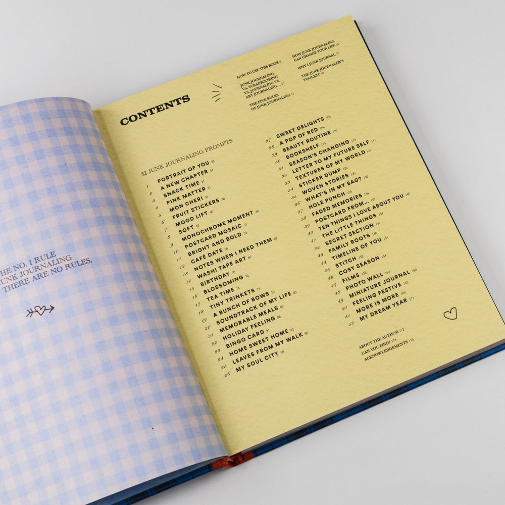 Open book with a yellow contents page on a white background