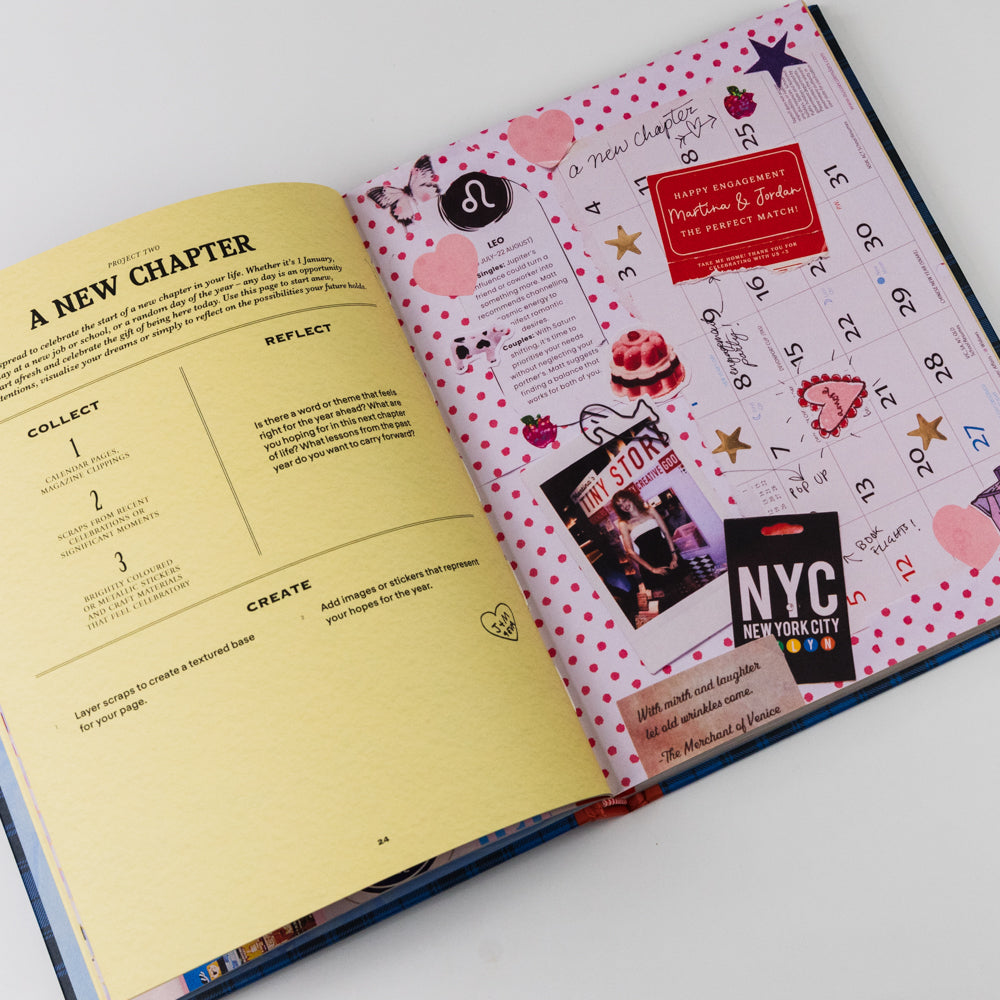 Open book with a yellow page and a decorated pink page on a white background