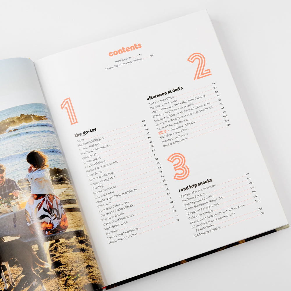 Open book with a beach scene and a table of contents on a white background