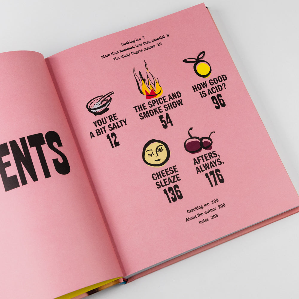 Open book with pink pages featuring text and icons on a white background