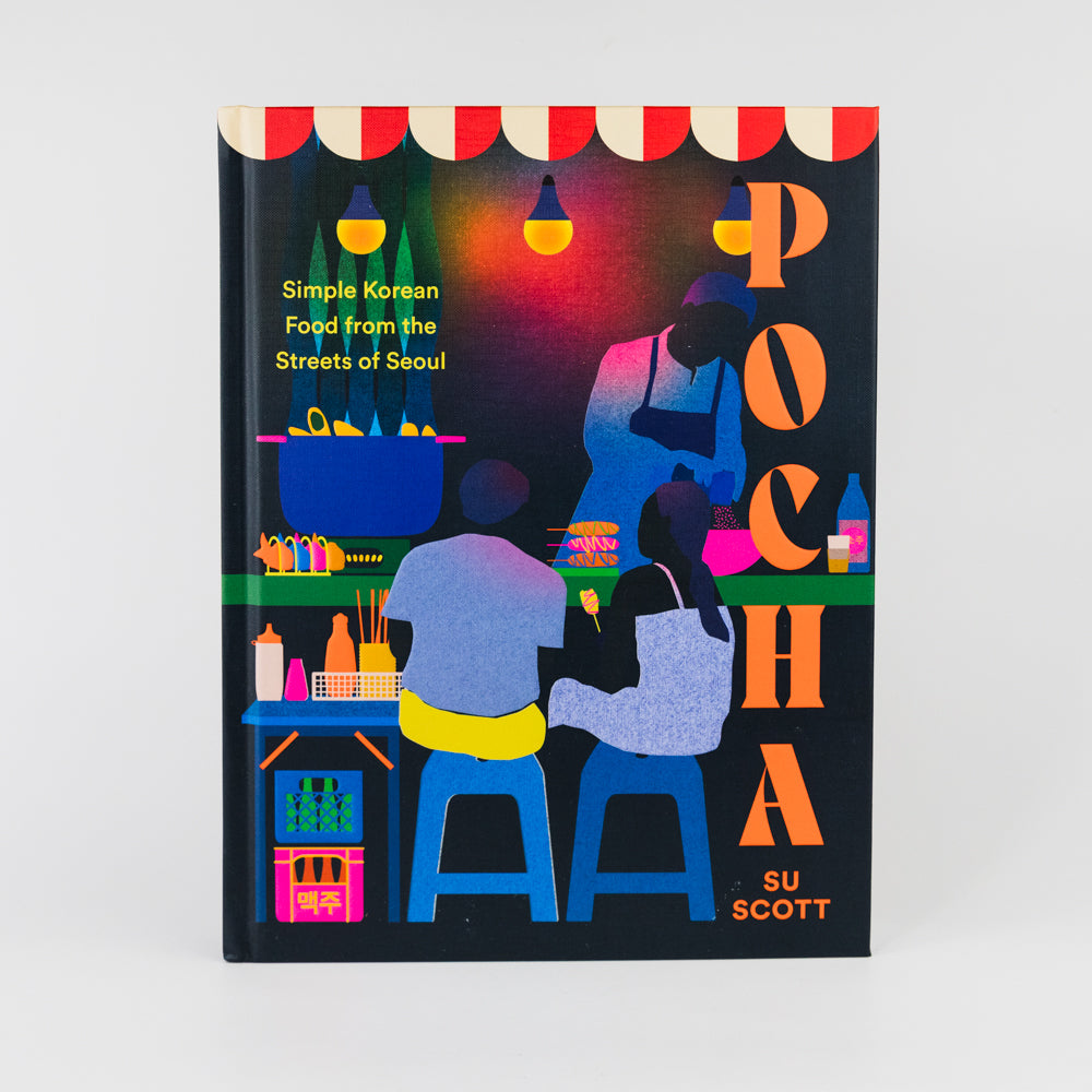 Book cover of 'Pocha' by Su Scott with colorful illustration of street food vendors.