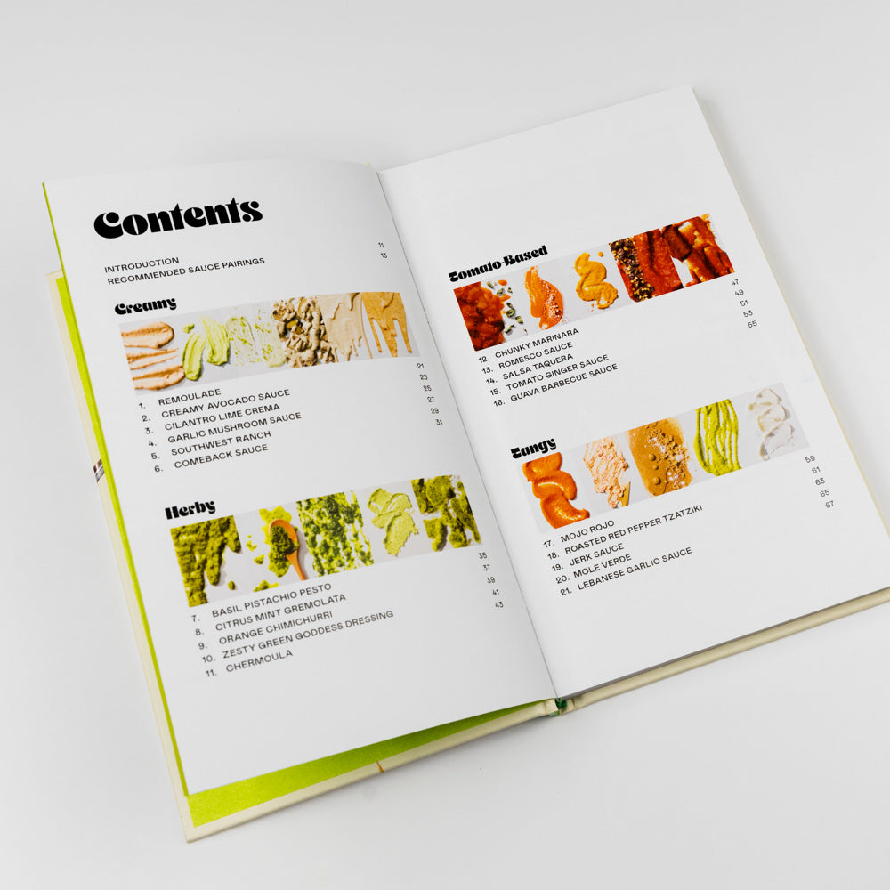Open cookbook showing a contents page with images of sauces and recipes.