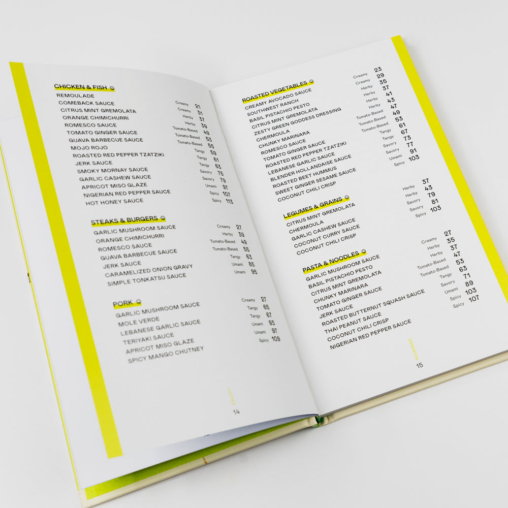 Open cookbook with a focus on a page listing various sauces.