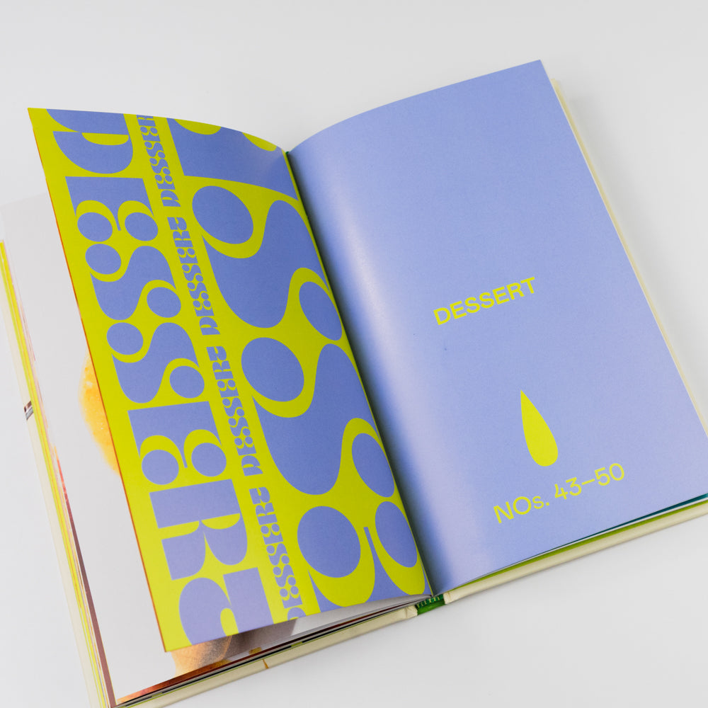 Open book with 'DESSERT' and 'NOs. 43-50' text on a white background