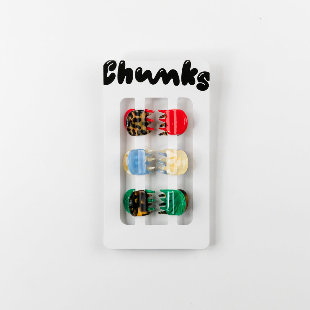 Set of colorful hair clips on a white background with 'Chunks' branding.