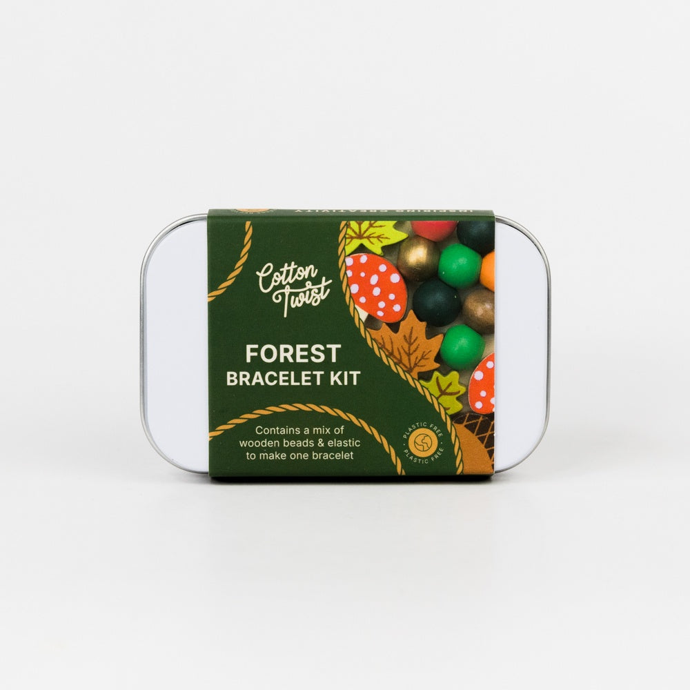 Forest bracelet kit packaging with colorful beads on a white background