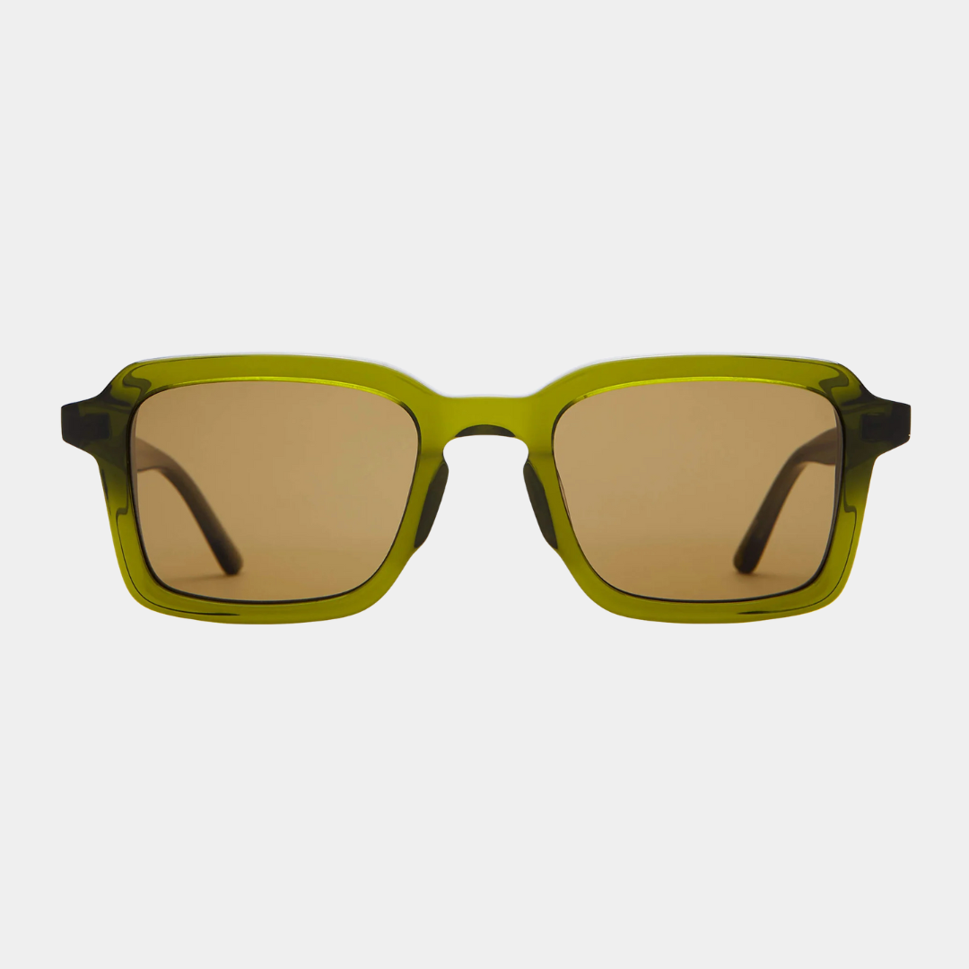 Sunglasses with green frame and brown lenses on a light gray background