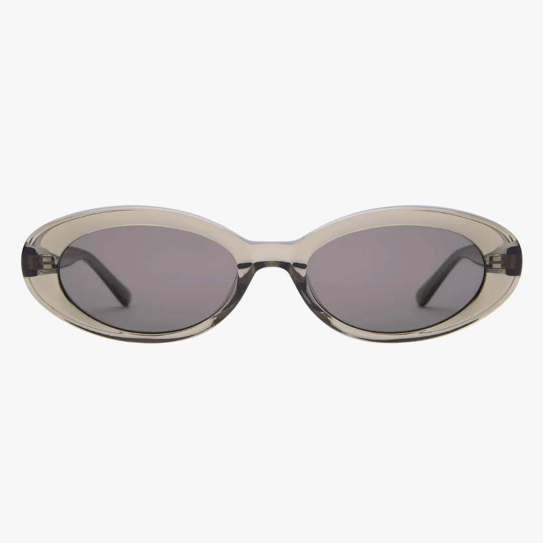 Sunglasses with oval frame and dark lenses on a white background