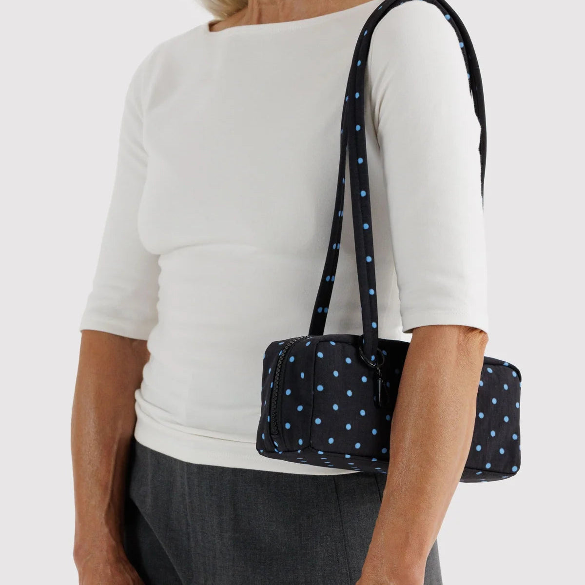 Small Nylon Bowler Bag - Black and Sky Blue Micro Dot