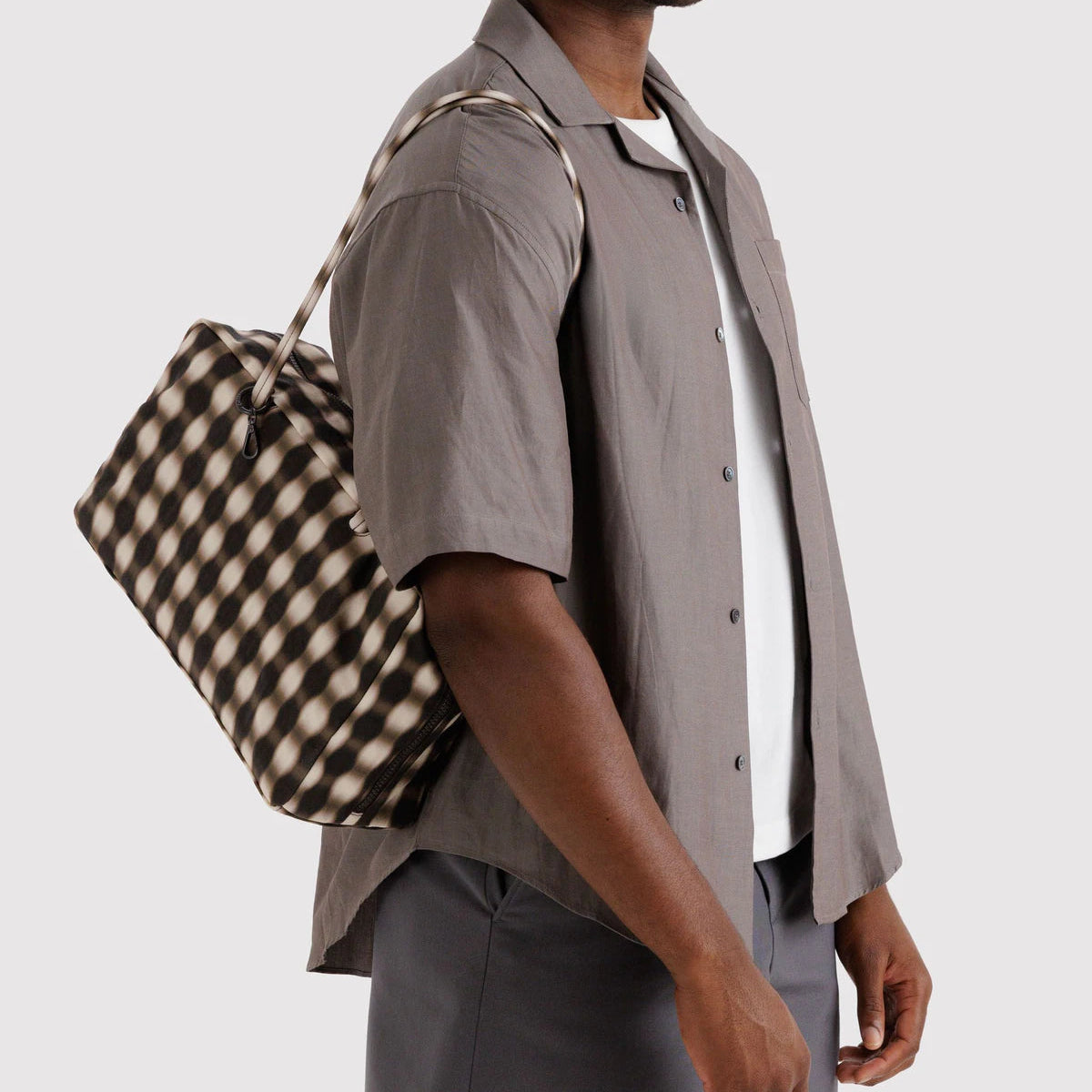 Medium Nylon Bowler Bag - Blurred Gingham Brown