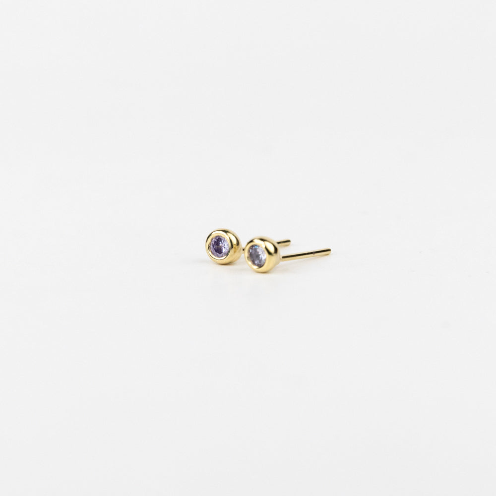 Pair of gold earrings with purple gemstones on a white background