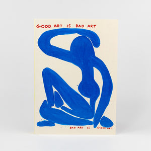 Artistic depiction of a blue abstract figure with text on a beige background