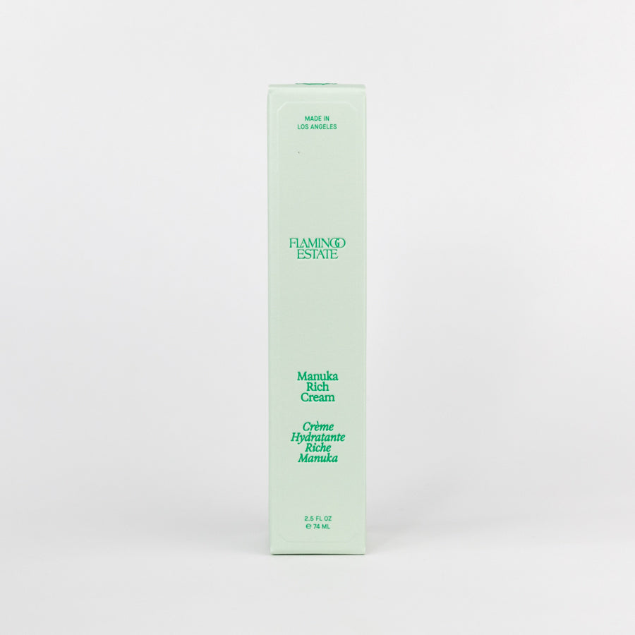 Silver tube of Flaming Estate Manuka Rich Cream on a white background
