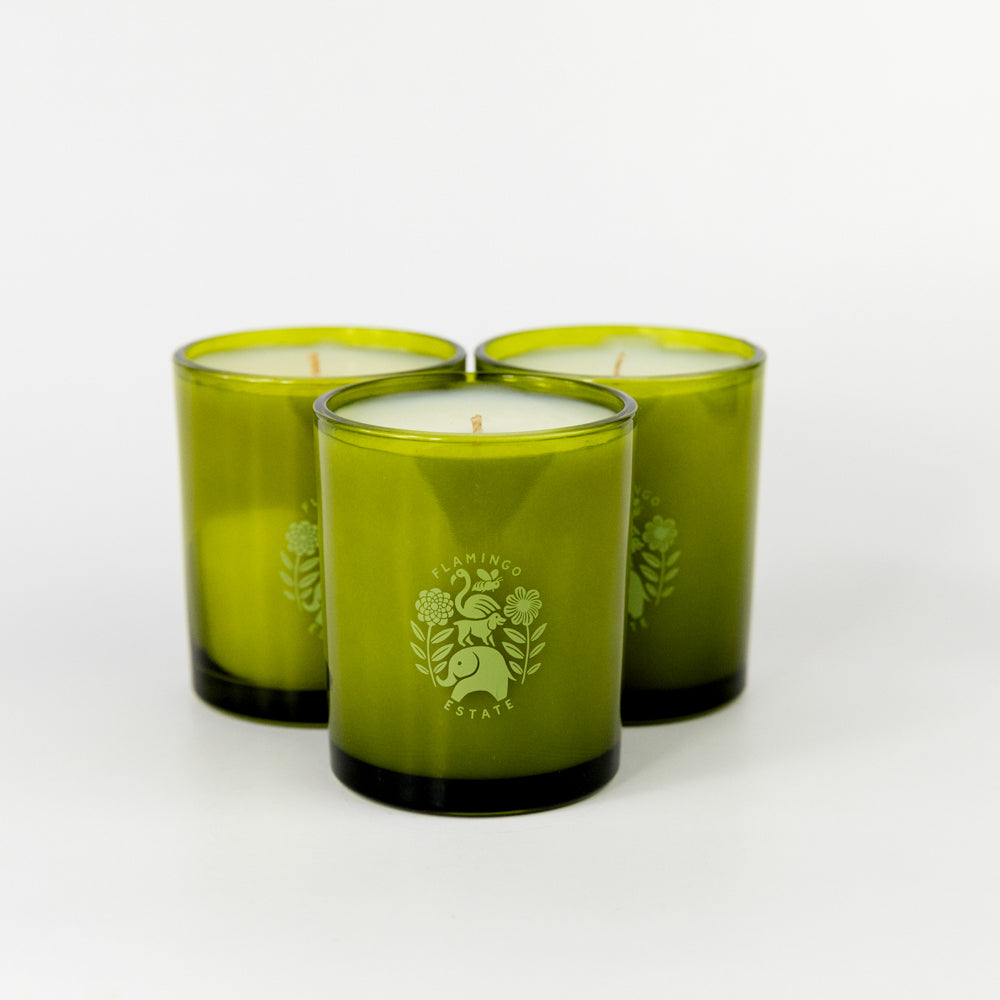 Three green candles with a logo on a white background