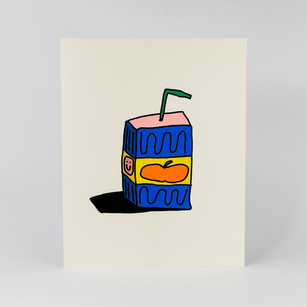 Cartoon-style juice box with a straw on a beige background